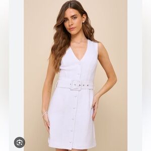 Lulu’s Poised Sweetie White Tweed Button-Front Belted Mini Dress